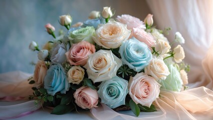 Obraz premium Wedding flower bouquet featuring a variety of pastel-colored roses.