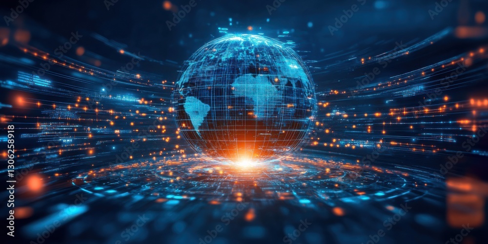 Poster digital representation of earth surrounded by glowing data streams and visual effects demonstrating 