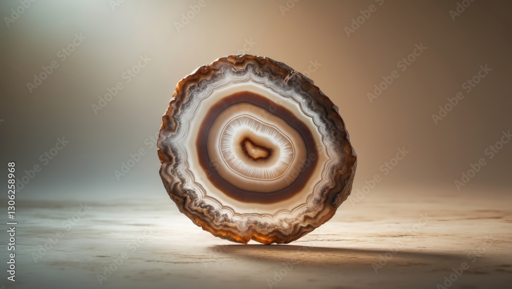 Poster Close-up of a translucent agate stone slice, showcasing natural concentric patterns and mineral textures for use as a background. Ideal for stone agate surfaces, backdrops, and wallpapers.
