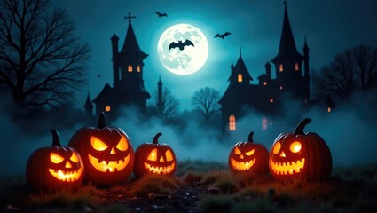Enchanting Halloween Illustration Featuring Gleaming Jack o' Lanterns, Eerie Houses, Misty Atmosphere, Bats, and a Glowing Moon