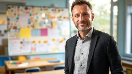 Obraz premium A confident middle-aged male teacher stands in a vibrant classroom, showcasing a warm smile. The colorful background reflects a creative learning environment.