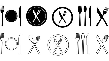 Hotel, Restaurant Menu Symbol Cutlery Set with Spoon, Knife and Fork icons with Plate Vectors in Fill and Editable Strokes