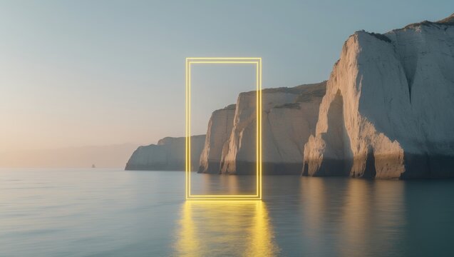A coastal scene featuring cliffs, ocean waters, and a bright yellow neon rectangular shape. Modern minimalist abstract backdrop with Zen elements illuminated by dawn or sunset tones.