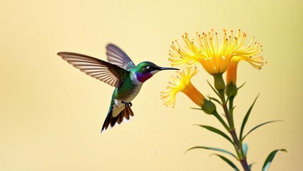 Obraz premium Monochrome view of a male Costa's hummingbird, Calypte costae, in motion near a palo verde flower bloom. Striking bird approaching a wildflower in Arizona's Sonoran Desert near Tucson.