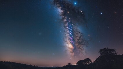 Fototapeta premium Vivid Milky Way Galaxy showcased in the night sky. The image exhibits graininess, noise, blurriness, and soft focus due to high ISO settings, long exposure, and wide aperture.