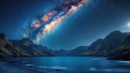 Milky Way Arc Over Stunning Mountains and Serene Blue Sea at Night During Summer. Vivid Landscape Featuring a Bright Star-Filled Sky, Moonlight, Constellations, and Water. Celestial Beauty in Nature.