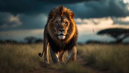 Majestic male lion striding through Etosha National Park, Namibia. African lion moving in the grass under stunning evening light. A wildlife scene from nature, showcasing a safari in Africa. Animal...