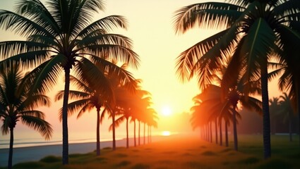 Fototapeta premium Tropical coconut trees at dusk near a verdant beachside park with a bokeh effect.