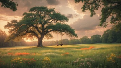 Vibrant summer meadow scene featuring a tree and a swing, hand-drawn illustration.