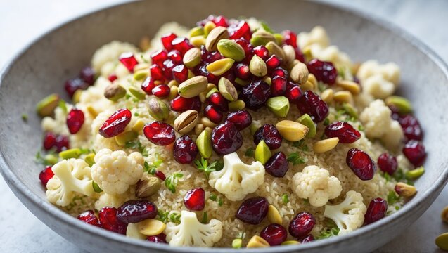 Couscous made from cauliflower topped with dried cranberries, pomegranate seeds, pistachios, and pine nuts - Powered by Adobe