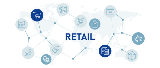 Retail icon set with illustration customer service commercial management satisfaction convenience store market stock planning development promotion distribution supply design