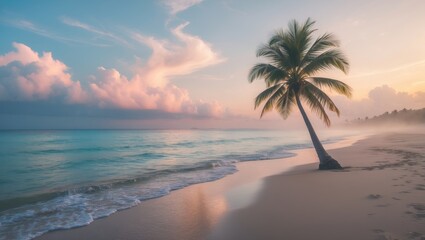 Fototapeta premium Stunning coastal beach at dawn featuring a palm tree, ideal for a getaway