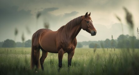 chestnut mare poised in a field