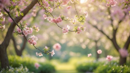 Summertime backdrop with a blurred bokeh effect featuring a garden of flowering trees.