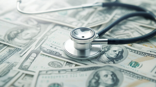 Healthcare Costs: A stethoscope rests atop a chaotic pile of hundred-dollar bills, symbolizing the financial burden associated with healthcare expenses.
