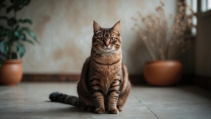 Charming brown feline positioned on the floor with a softly blurred backdrop. Portrait of an elderly house cat.