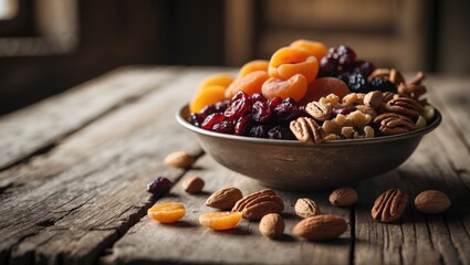 Fototapeta premium Bowl filled with dried fruits and assorted nuts on a rustic wooden surface, with a focus on select details.