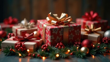 Holiday presents arranged on a wooden surface.