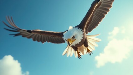 Obraz premium A close-up of an eagle soaring through the blue sky, rapidly descending with its wings tucked in and feathers ruffled from the speed.