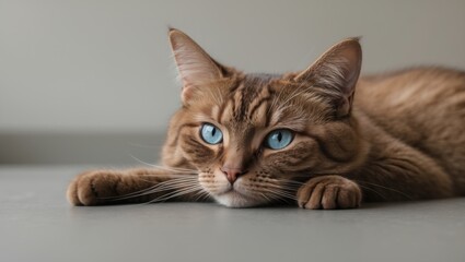 Obraz premium Tan feline with striking blue eyes, of Thai breed, resting adorably.