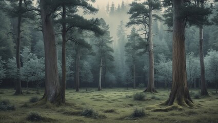 a seamless flat woodland illustration ideal for textiles, wallpaper, gift wrap, and nursery decor with a charming forest design, Scandinavian-inspired greenery