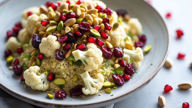 Cauliflower couscous topped with dried cranberries, pomegranate seeds, pistachios, and pine nuts - Powered by Adobe