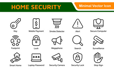 Home Security Icon Set. A comprehensive collection of icons focused on safety and protection, perfect for enhancing security apps, websites, and marketing materials aimed at home safety solutions.