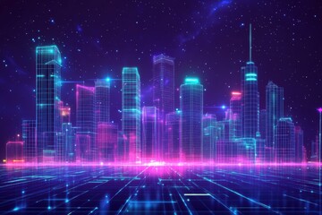 Fototapeta premium Futuristic Cityscape Neon Glow Digital Metropolis Skyline Night