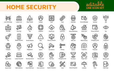 Home Security Icon Set. A comprehensive collection of icons focused on safety and protection, perfect for enhancing security apps, websites, and marketing materials aimed at home safety solutions.