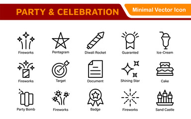 Celebration and Party Icons. Vector Icons for Birthdays, Holidays, Festivals, Fireworks, and Event Decorations