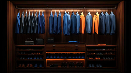 A dark wood closet is filled with men's suits in various colors and styles