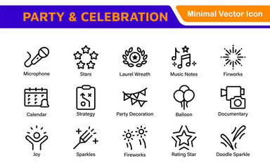 Celebration and Party Icons. Vector Icons for Birthdays, Holidays, Festivals, Fireworks, and Event Decorations