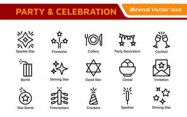 Celebration and Party Icons. Vector Icons for Birthdays, Holidays, Festivals, Fireworks, and Event Decorations