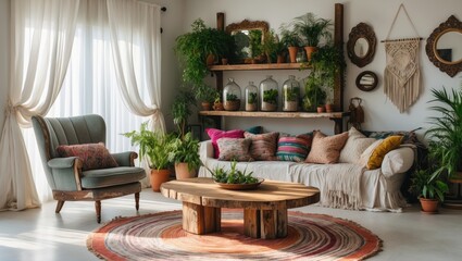 Obraz premium Eclectic bohemian-style living area featuring a window and decor elements, such as a comfy sofa, an armchair, a plant shelf, a round rug, vintage wall art, and a coffee table.