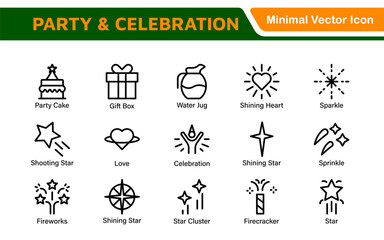Obraz premium Celebration and Party Icons. Vector Icons for Birthdays, Holidays, Festivals, Fireworks, and Event Decorations