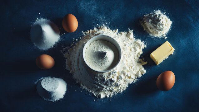 Baking theme featuring ingredients arranged on a blue surface from above