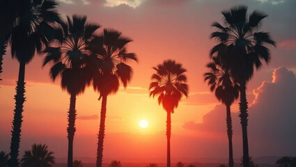 Obraz premium Palm trees silhouetted against a vibrant sunset with clouds.