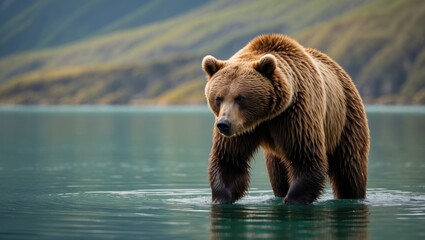 Obraz premium Bear searches for fish in the waters of Kuril Lake, Kamchatka