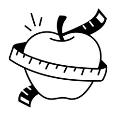 A hand draw icon of an apple with measuring tape depicting diet plan 
