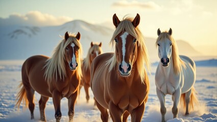 Obraz premium Majestic Icelandic horses in a winter landscape, Iceland