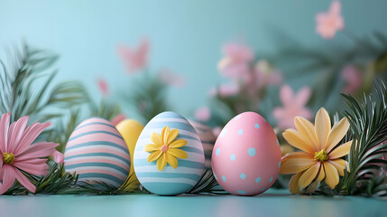 easter card, easter bunny with eggs, easter eggs and flowers, easter eggs in a basket, easter eggs and flowers on a white background, easter wall paper and background for social media	