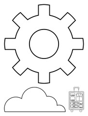 Gear symbolizes process efficiency, cloud represents data or storage, luggage conveys travel readiness. Ideal for technology, travel, workflow, organization, storage collaboration innovation. Flat
