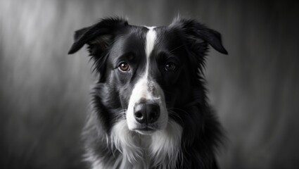 Fototapeta premium Monochrome image of a border collie gazing at the camera with a soft background.