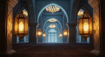 Obraz premium Grand Islamic Architecture with Ornate Lanterns, Arched Hallways, and Elegant Chandelier Lighting