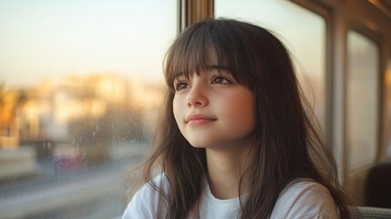 Fototapeta premium Girl by Window, Daydreaming, Urban Scene