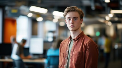 Fototapeta premium A young casual man stands confidently in a modern workspace. His thoughtful expression and relaxed attire highlight the blend of professionalism and comfort in a contemporary office environment.