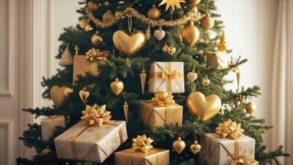 Festively adorned Christmas tree featuring gold ornaments, an artificial star, and heart-shaped gifts for New Year's, set against a white background.