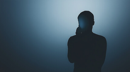 Mystery Caller: A silhouette of a person, phone pressed to their ear, stands against a gradient blue backdrop, the only hints of identity captured in the enigmatic play of light and shadow.