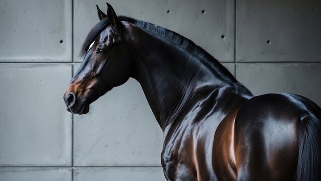 Majestic dark bay Akhal Teke stallion posing sideways next to a gray concrete wall. Vertical, portrait, close-up.
