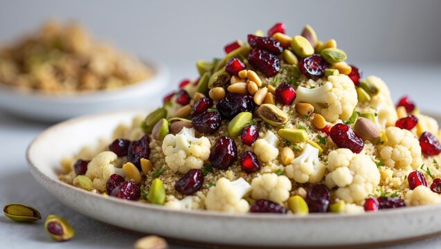 Cauliflower couscous topped with dried cranberries, pomegranate seeds, pistachios, and pine nuts - Powered by Adobe